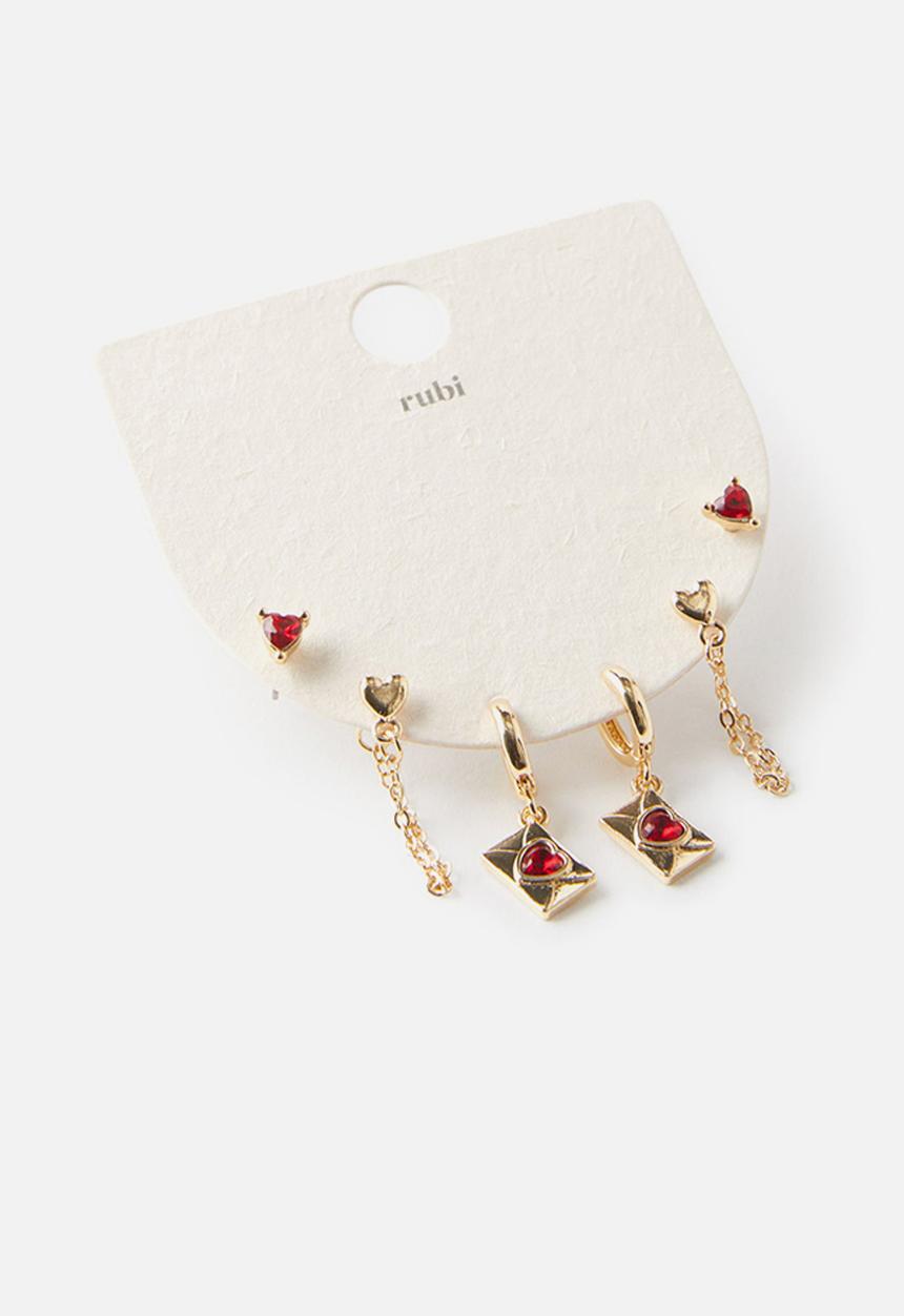 Rubi - 3 Pack mid earring- heart & love letter