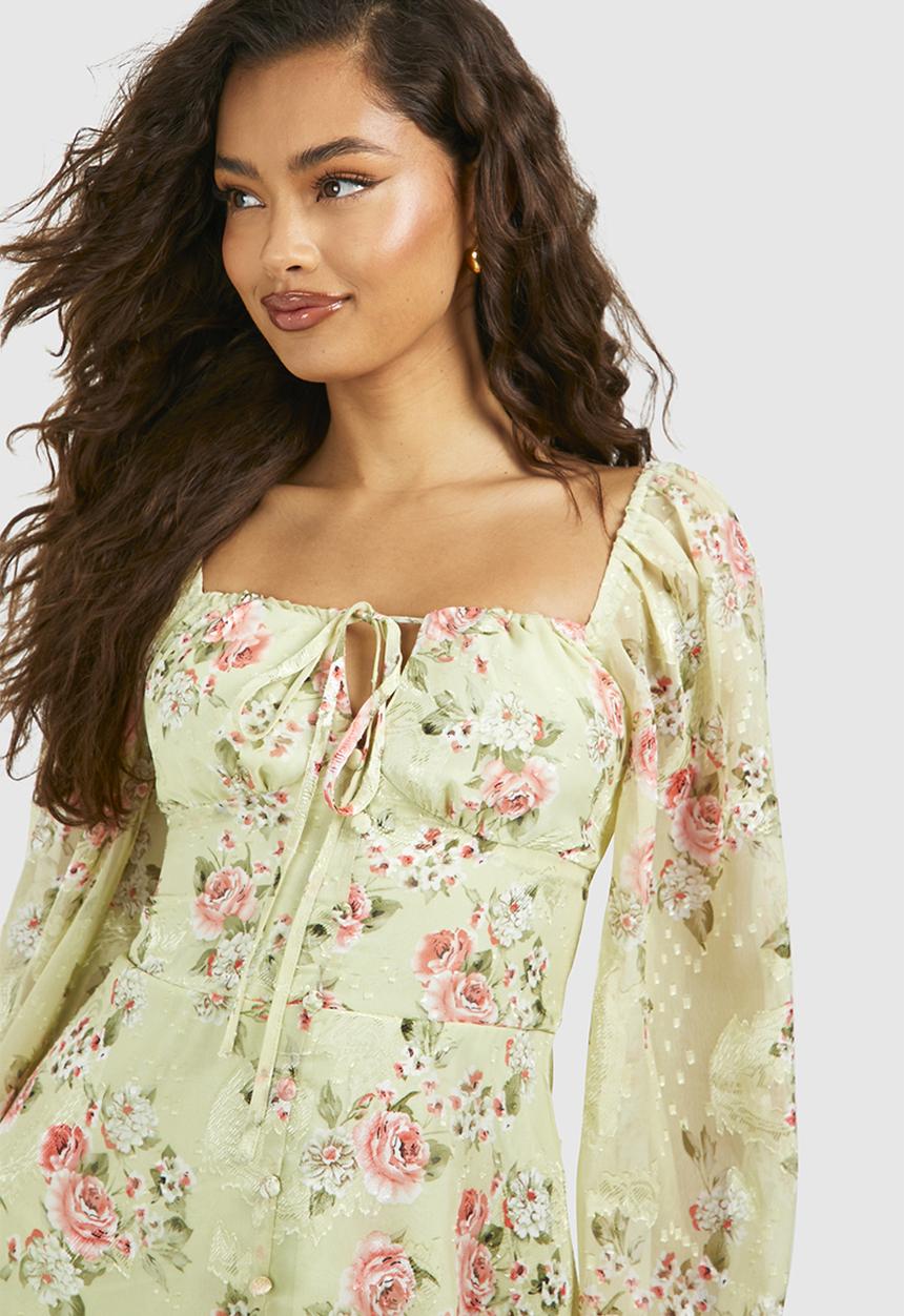 boohoo - Floral Blouson Sleeve Skater Dress - Sage