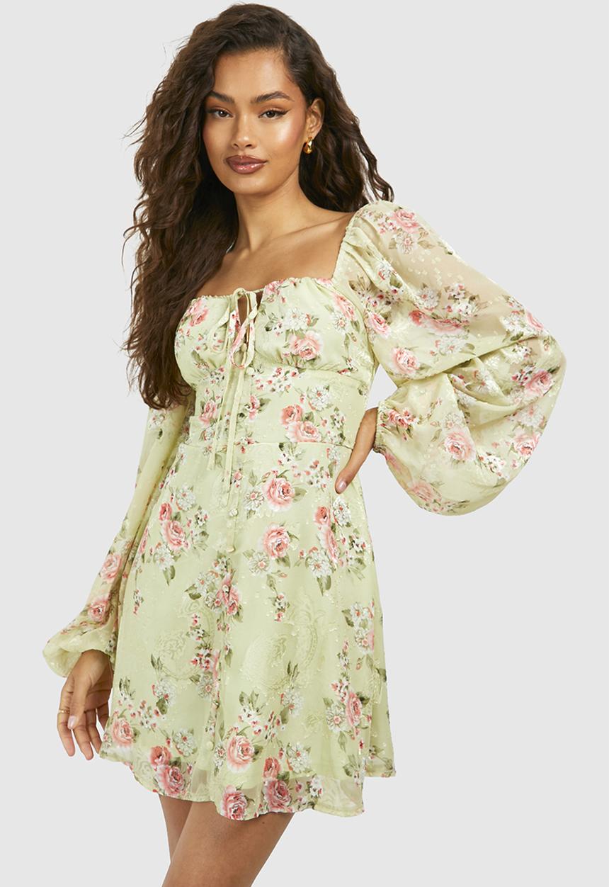 boohoo - Floral Blouson Sleeve Skater Dress - Sage