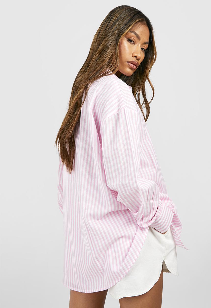 boohoo - Oversized Striped Linen Look Shirt - Pink