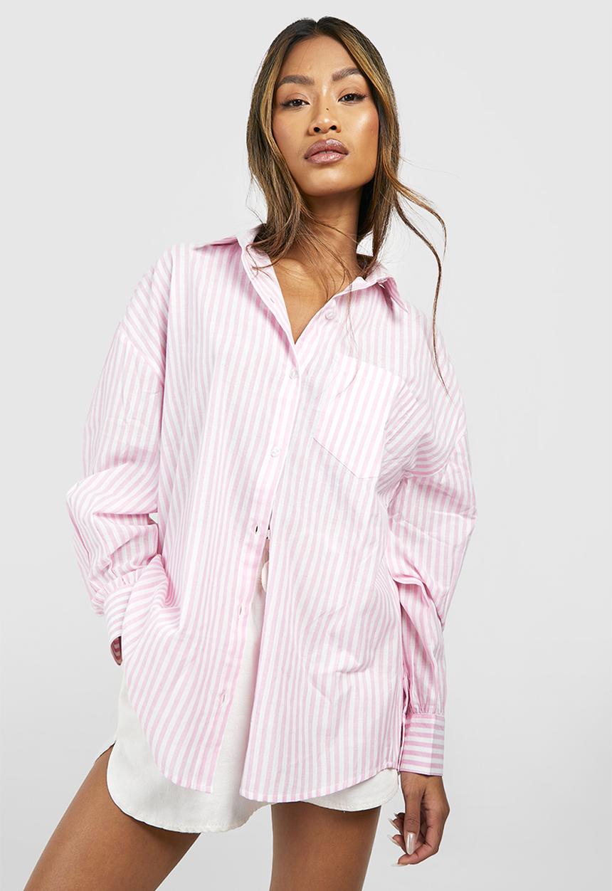 boohoo - Oversized Striped Linen Look Shirt - Pink