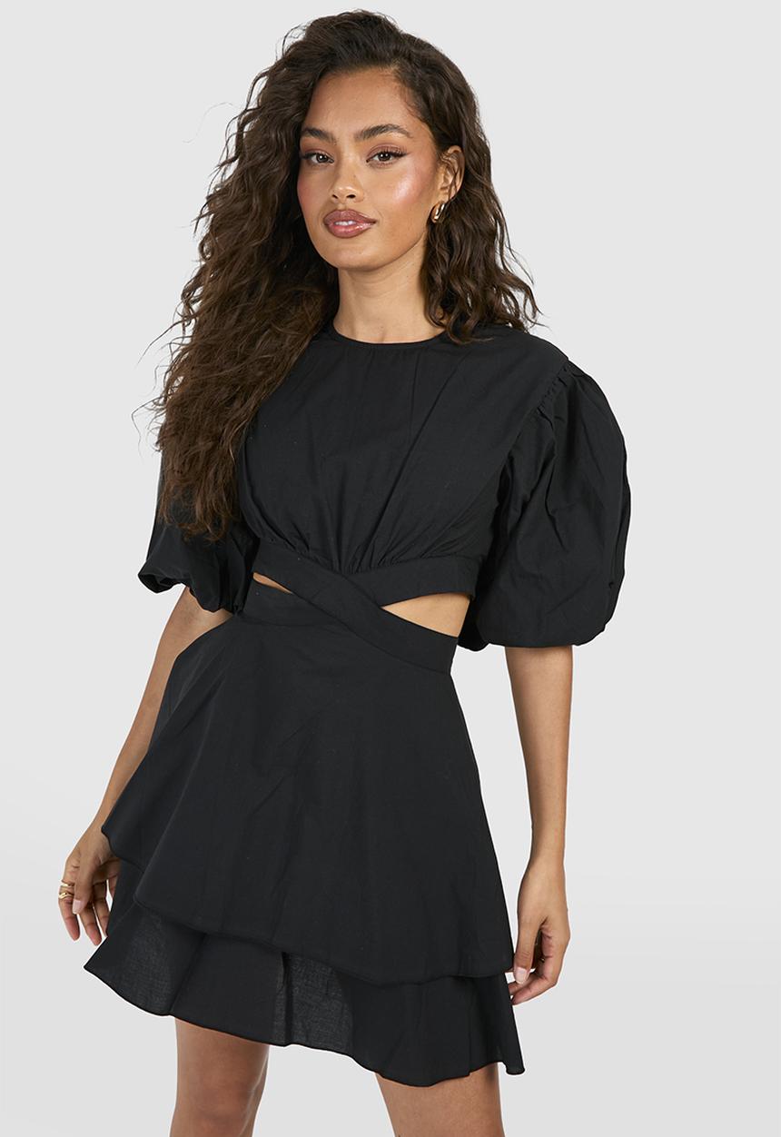 boohoo - Textured Puff Sleeve Mini Dress - Black