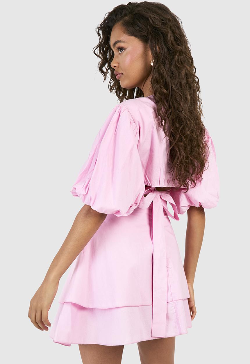 boohoo - Textured Puff Sleeve Mini Dress - Pink