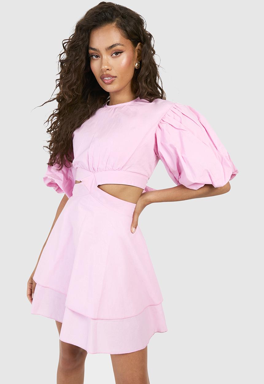 boohoo - Textured Puff Sleeve Mini Dress - Pink