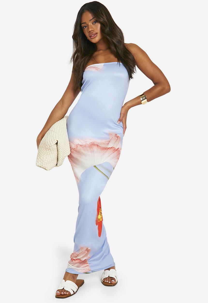 boohoo - Super Soft Bandeau Floral Maxi Dress - Blue