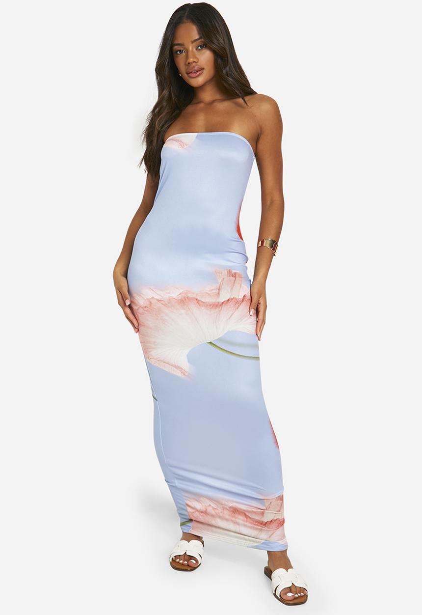 boohoo - Super Soft Bandeau Floral Maxi Dress - Blue