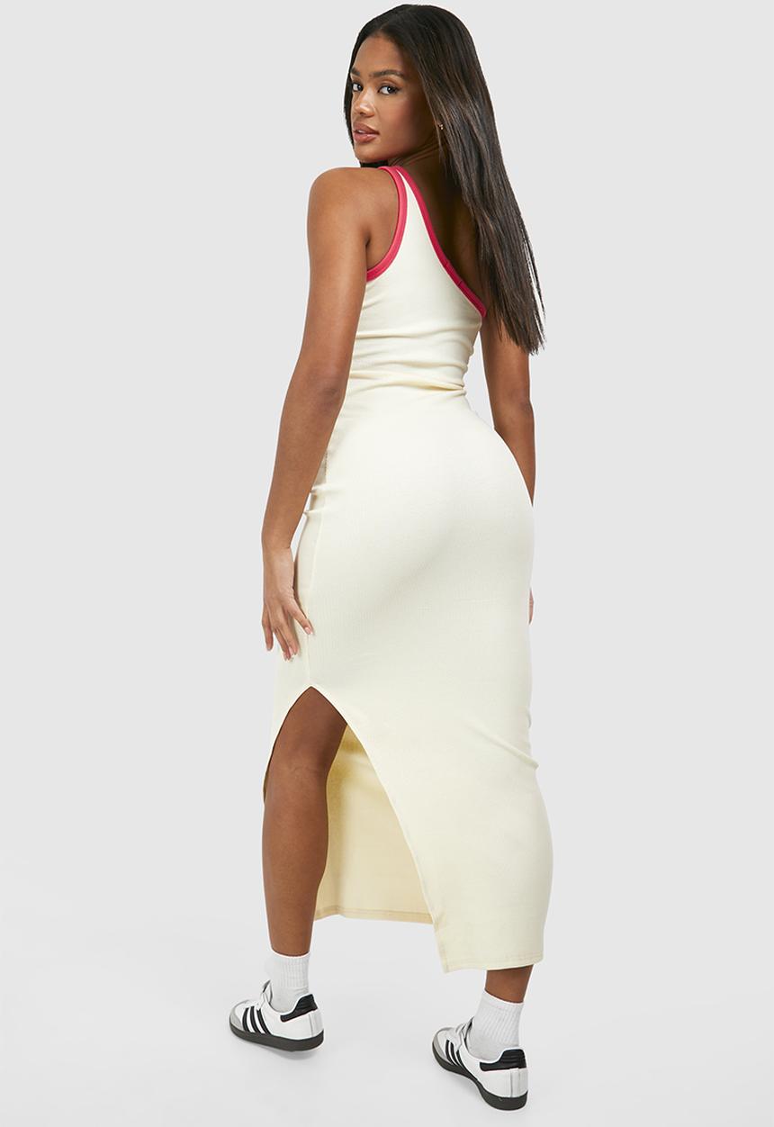 boohoo - Premium Contrast Rib One Shoulder Midaxi Dress - Cream