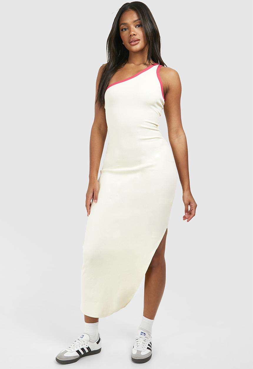 boohoo - Premium Contrast Rib One Shoulder Midaxi Dress - Cream