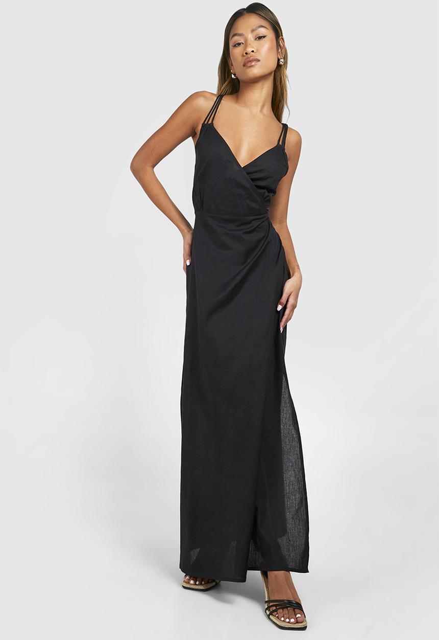 boohoo - Ring Detail Linen Look Maxi Dress - Black