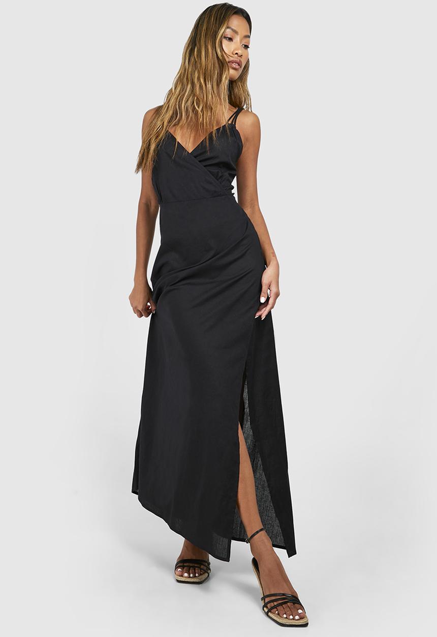 boohoo - Ring Detail Linen Look Maxi Dress - Black