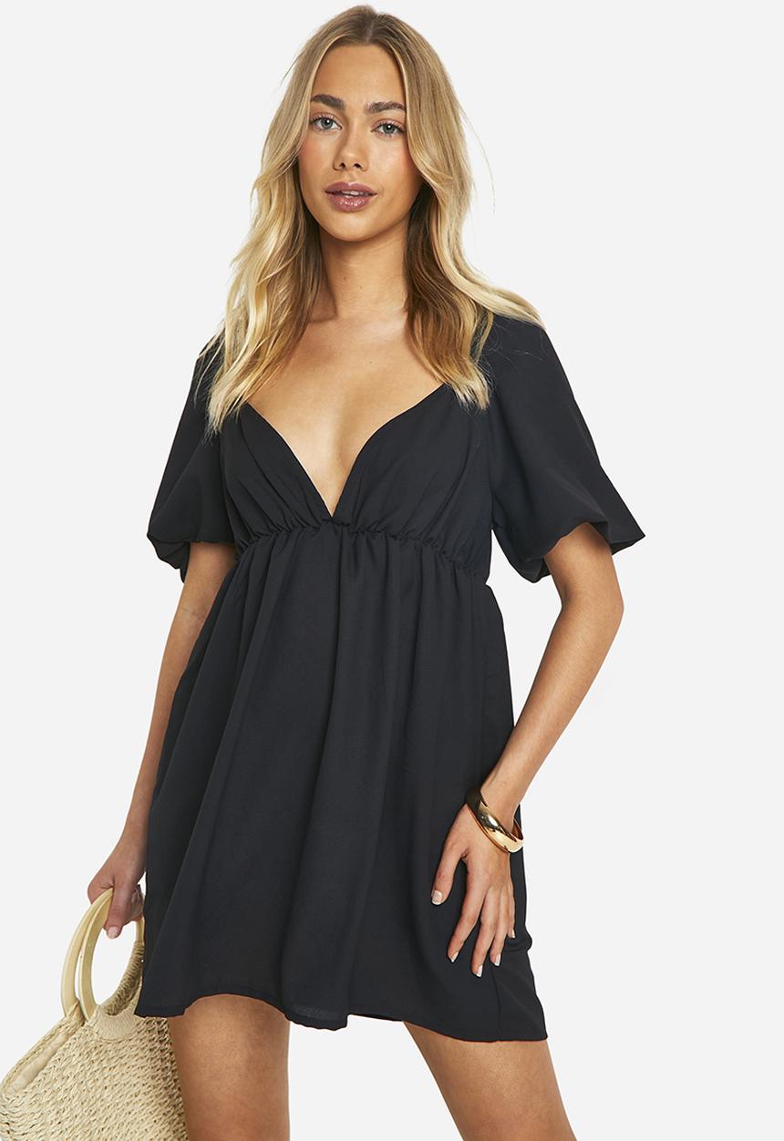 boohoo - Puff Sleeve Smock Dress - Black