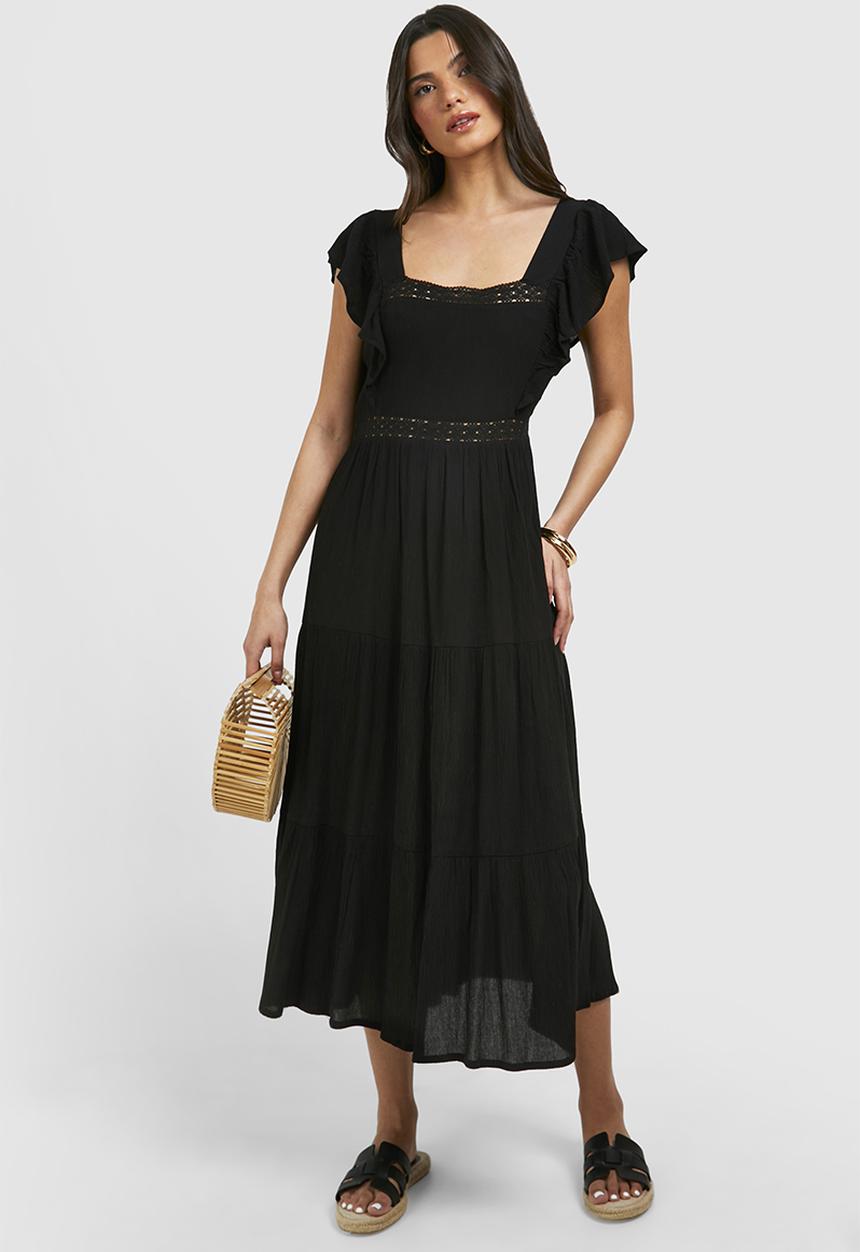 boohoo - Cotton Ruffle Midaxi Dress - Black