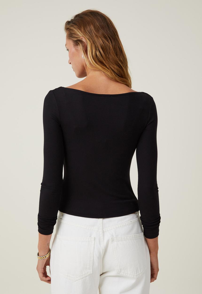 Cotton On - Staple Rib Boat Neck Long Sleeve Top - Black