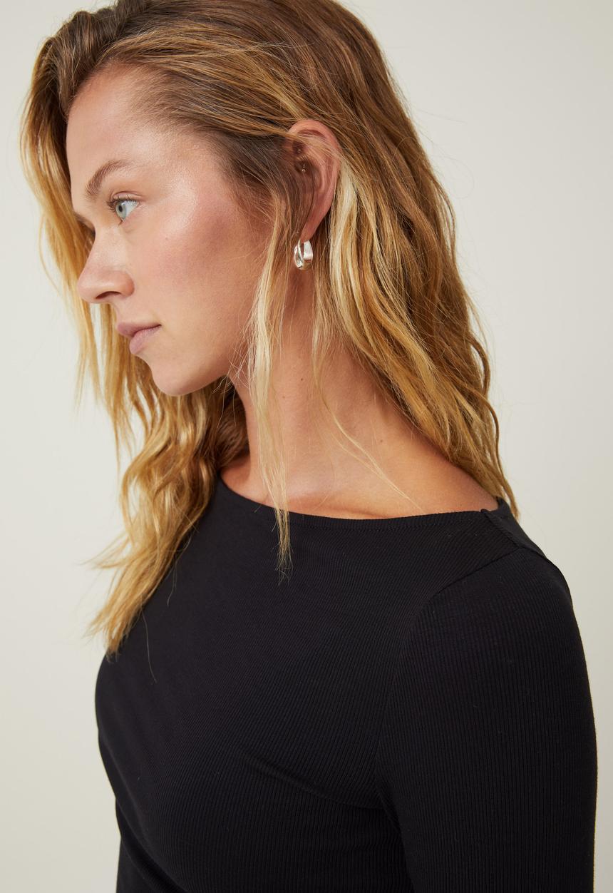 Cotton On - Staple Rib Boat Neck Long Sleeve Top - Black