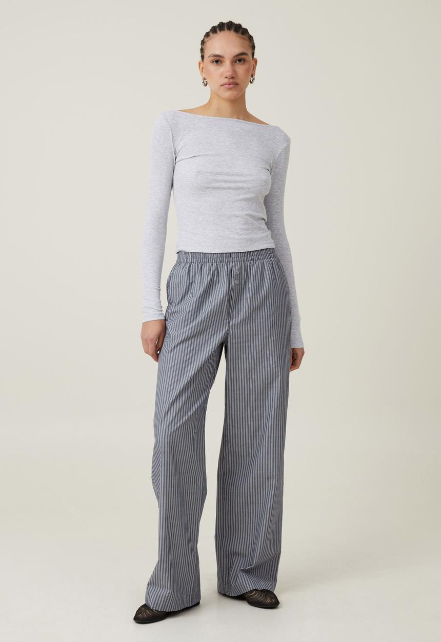 Cotton On - Staple Rib Boat Neck Long Sleeve Top - Grey Marle
