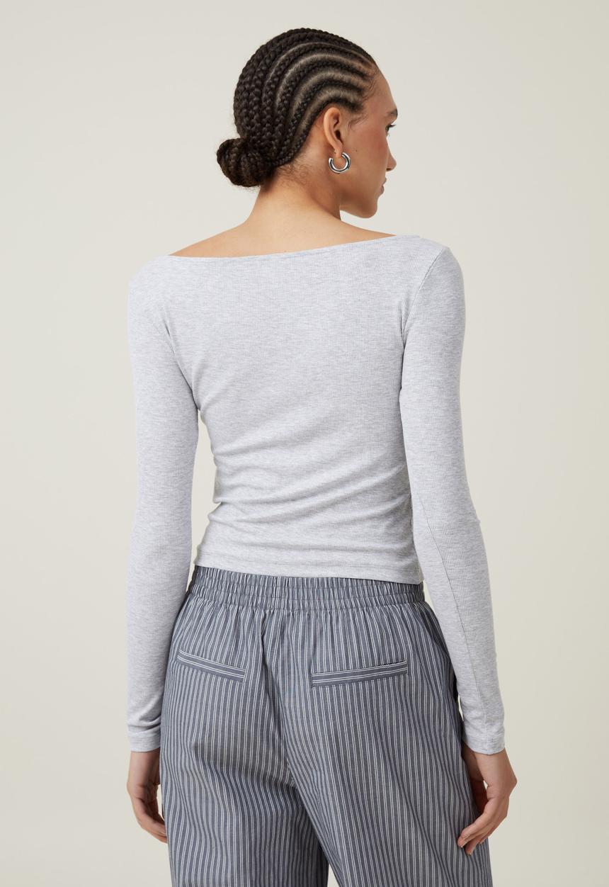 Cotton On - Staple Rib Boat Neck Long Sleeve Top - Grey Marle