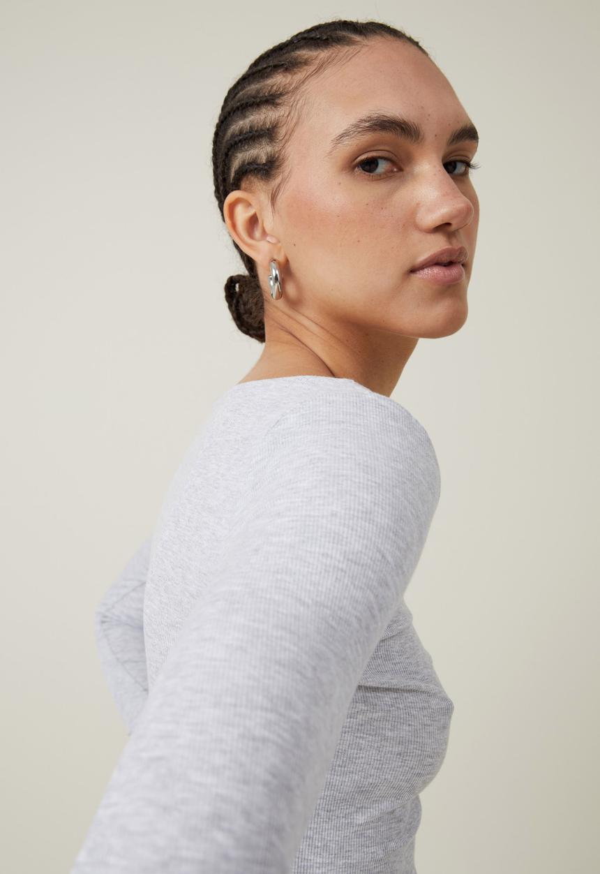 Cotton On - Staple Rib Boat Neck Long Sleeve Top - Grey Marle