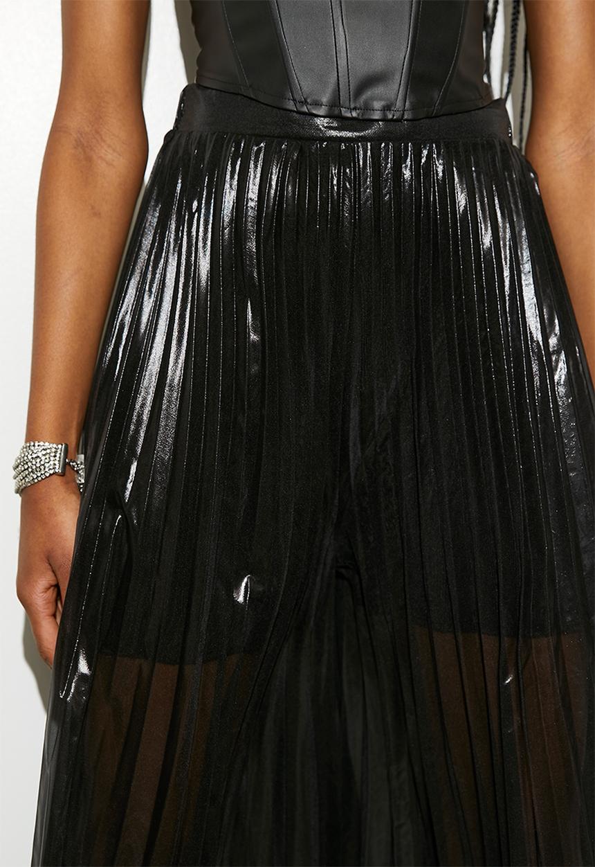 VELVET - Sheer metallic pleated palazzo pants - black
