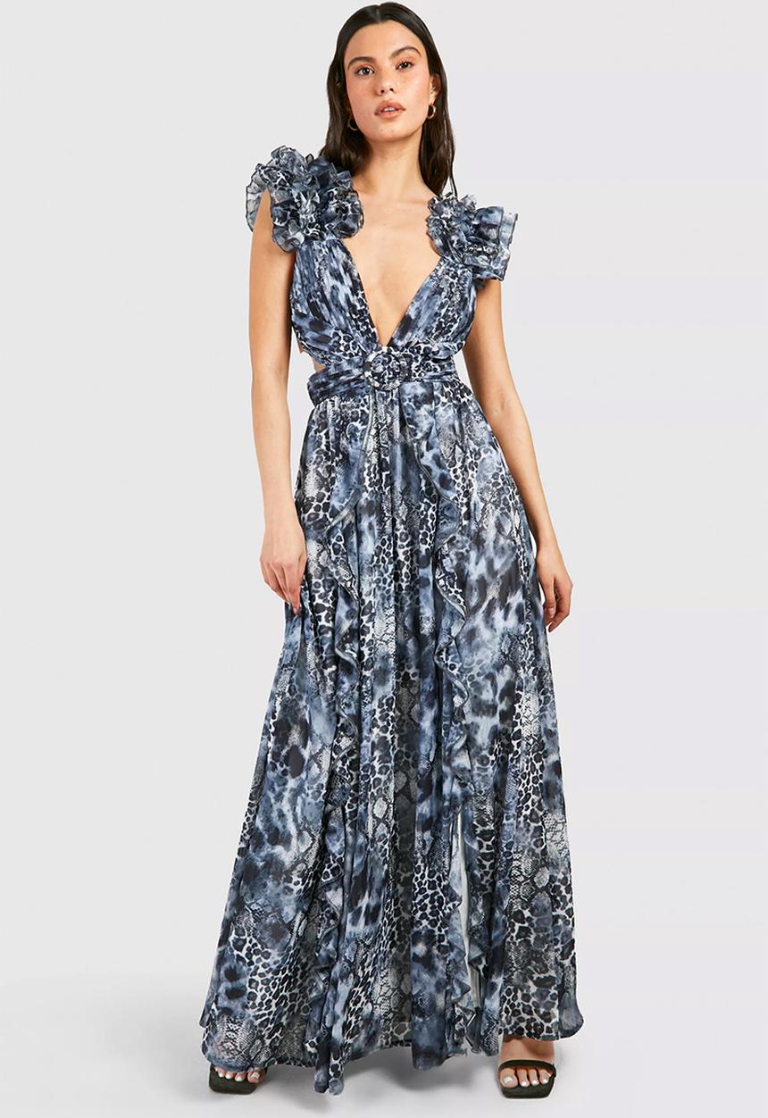 boohoo - Leopard ruffle cut out maxi dress - blue