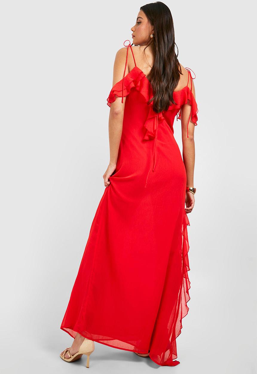 boohoo - Chiffon ruffle split maxi dress - red