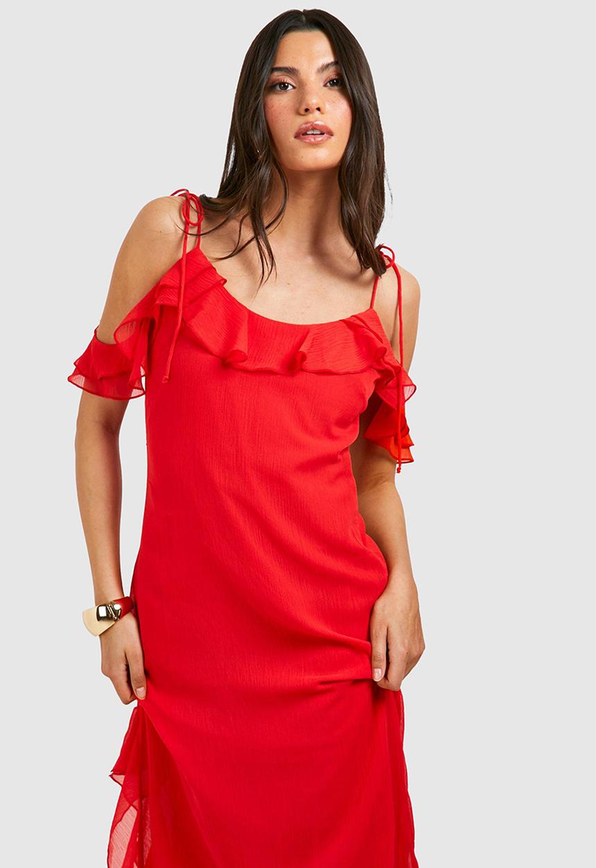 boohoo - Chiffon ruffle split maxi dress - red
