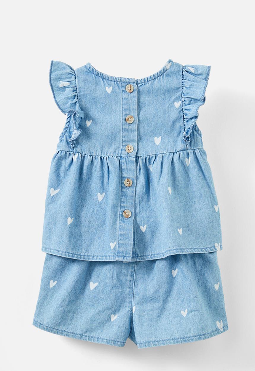 Cotton On - Bessy flutter sleeve top and short set - light chambray wash/ditsy hearts