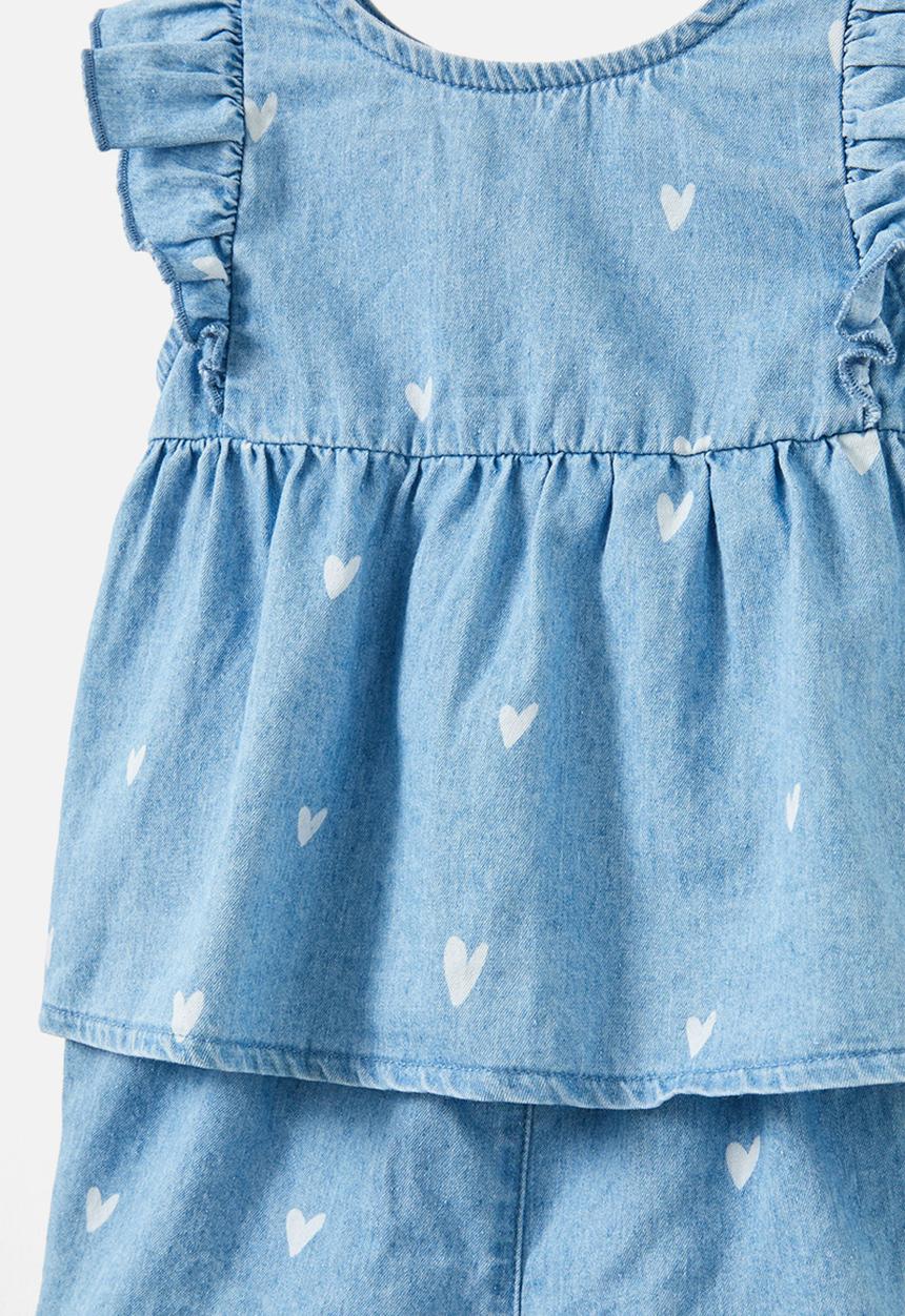 Cotton On - Bessy flutter sleeve top and short set - light chambray wash/ditsy hearts