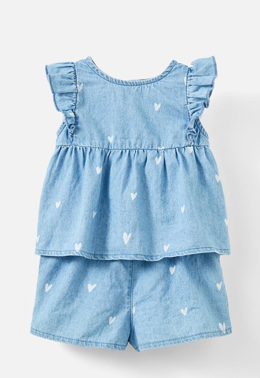 Cotton On - Bessy flutter sleeve top and short set - light chambray wash/ditsy hearts