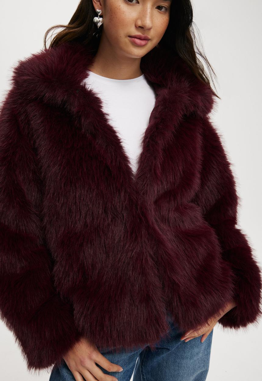 Cotton On - Mimi Faux Fur Jacket - Cherry Choc