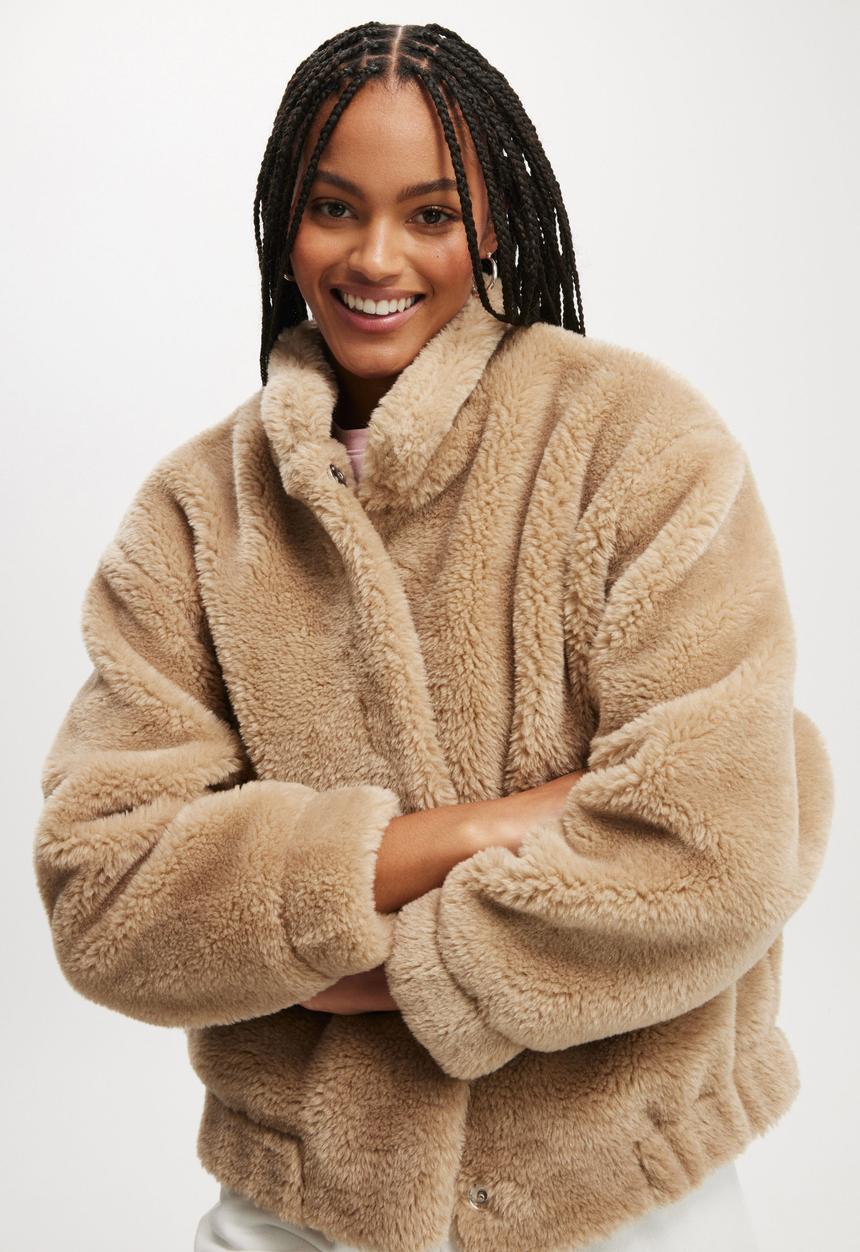Cotton On - Teddy Bomber Jacket - Stone
