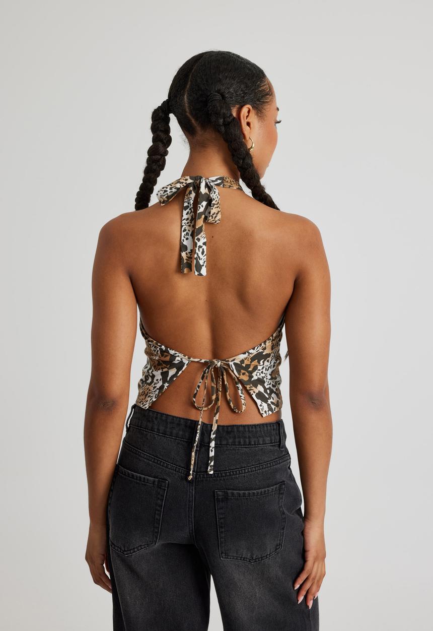 Harper Backless Halter Top - Snow Leopard