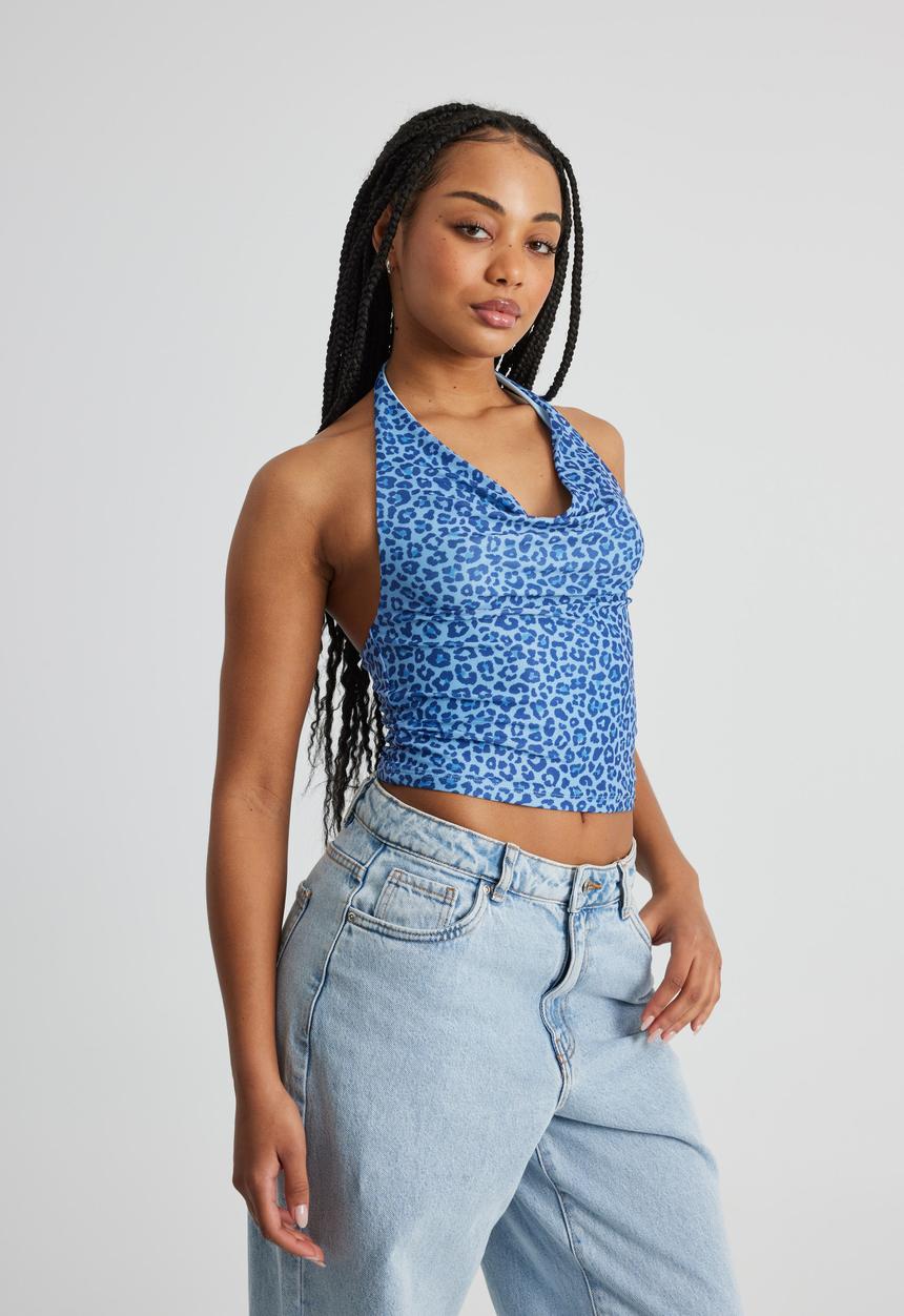 Factorie - Kelly Mesh Cowl Neck Halter - Blue Leopard
