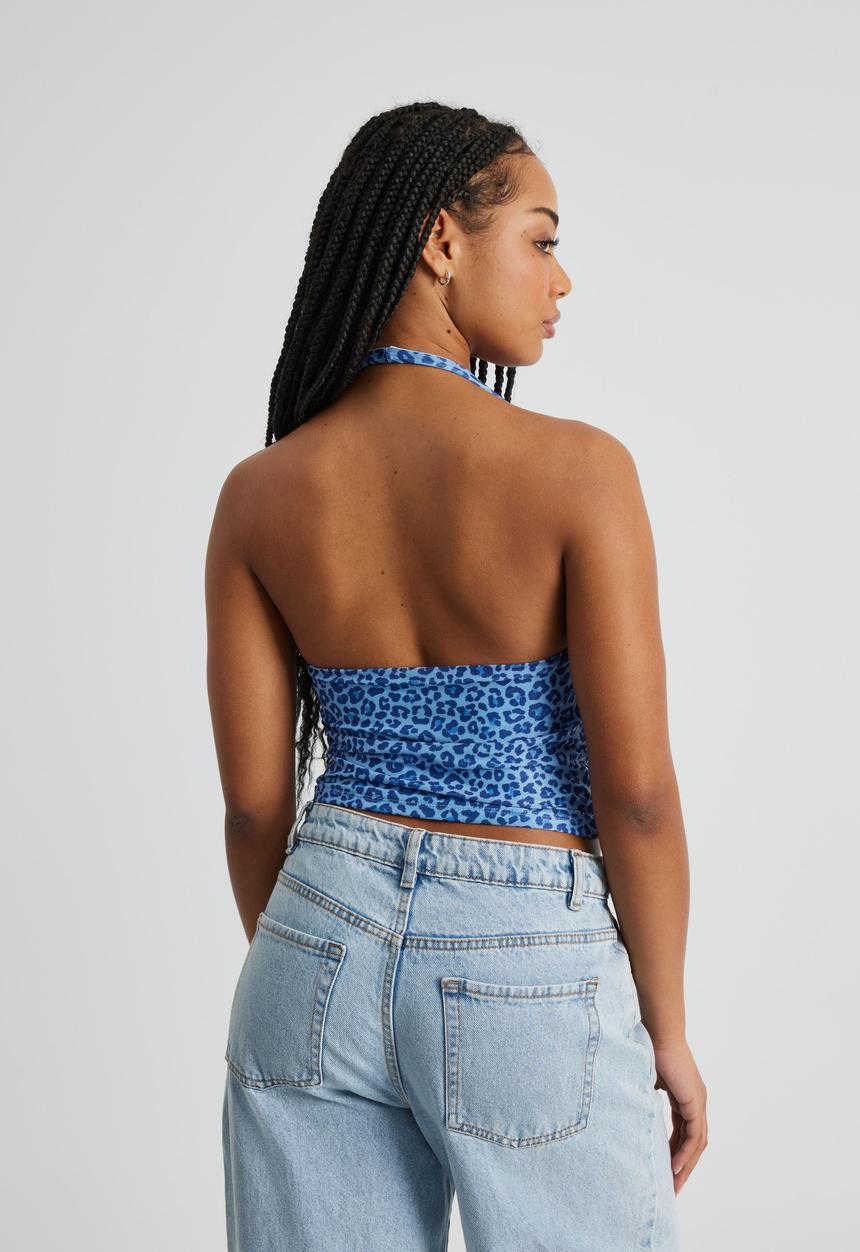 Factorie - Kelly Mesh Cowl Neck Halter - Blue Leopard
