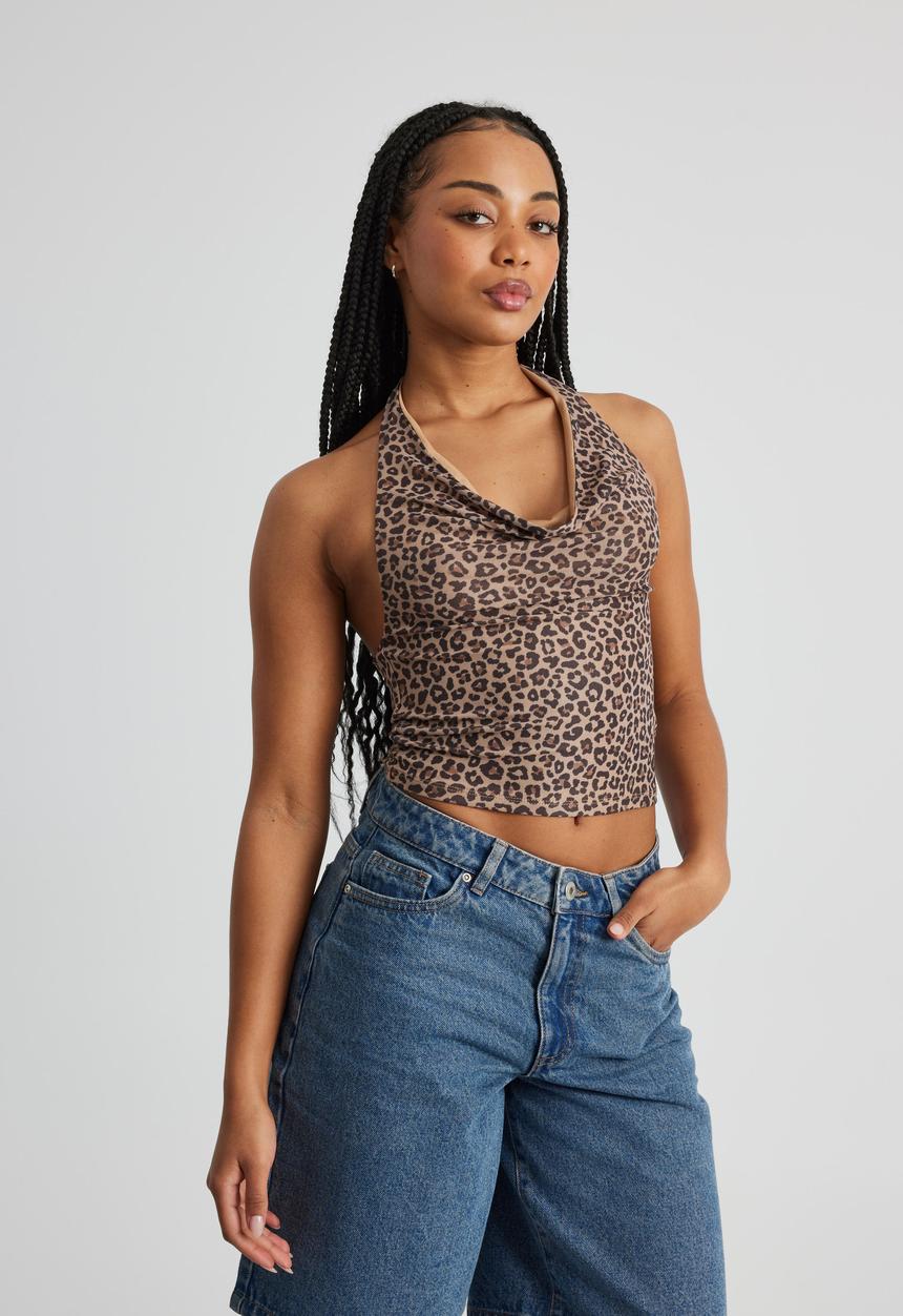 Factorie - Kelly Mesh Cowl Neck Halter - Leopard Print