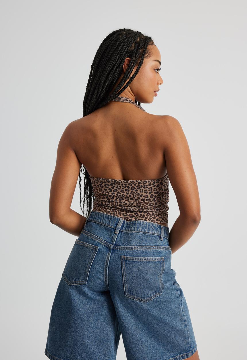 Factorie - Kelly Mesh Cowl Neck Halter - Leopard Print