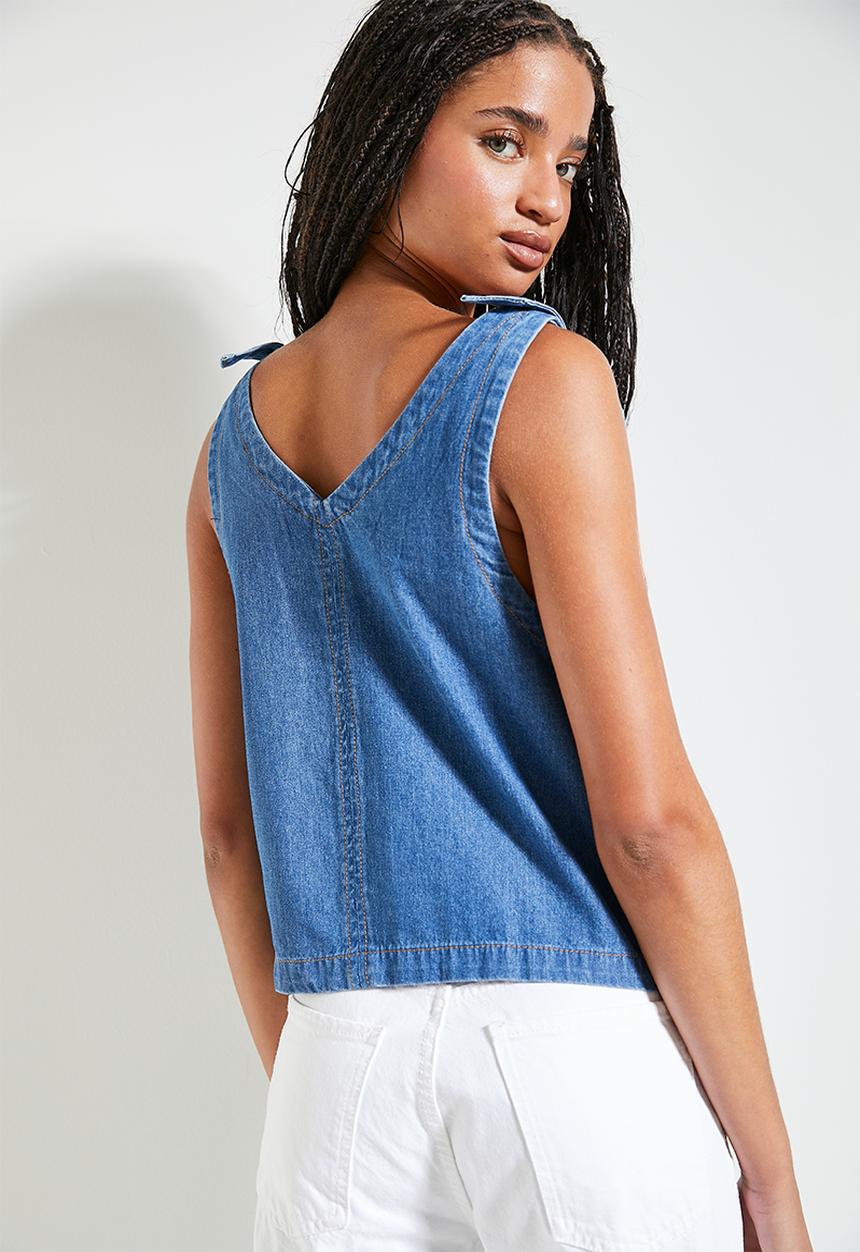 Superbalist - Co- ord chambray denim shoulder tie shell - light blue