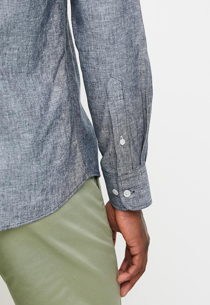 POLO - Lex Long Sleeve Plain Linen Shirt - Navy