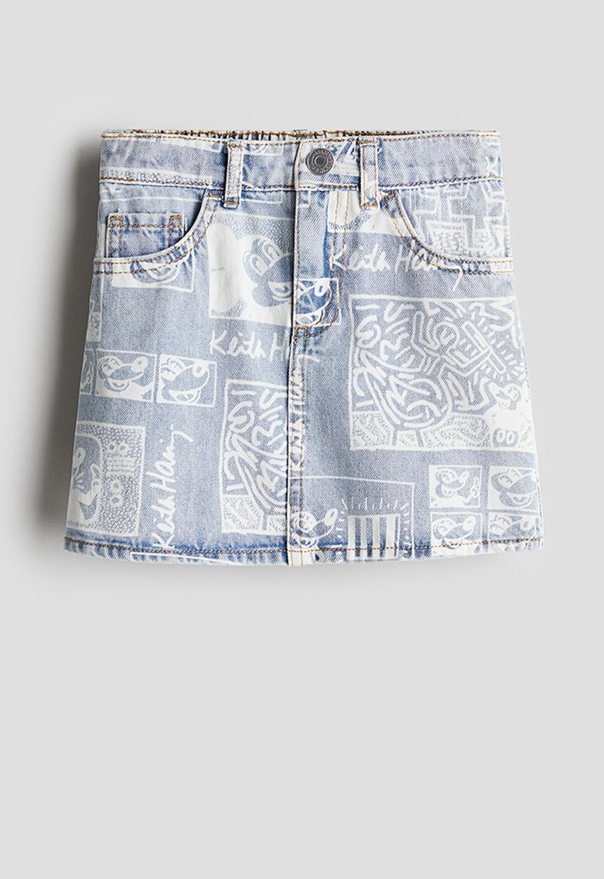 H&M - Keith Haring X H&M:  Patterned denim skirt - light denim blue