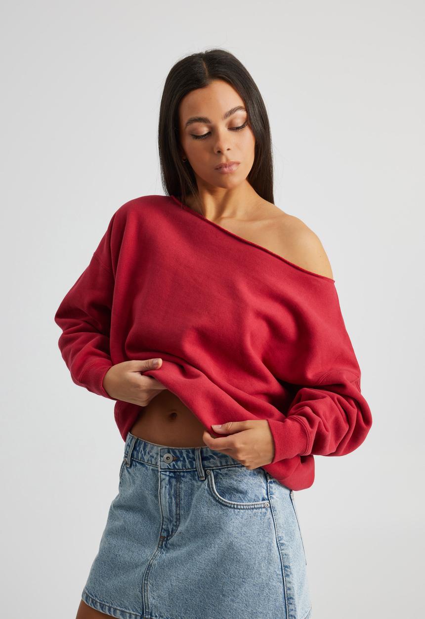 Factorie - Super Slouchy Off Shoulder Crew - Scooter Red