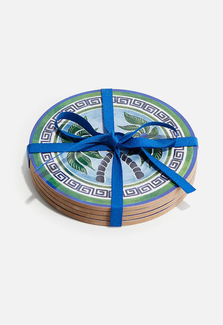 H&M - 4 pack graphic-print coasters - bright blue palm trees