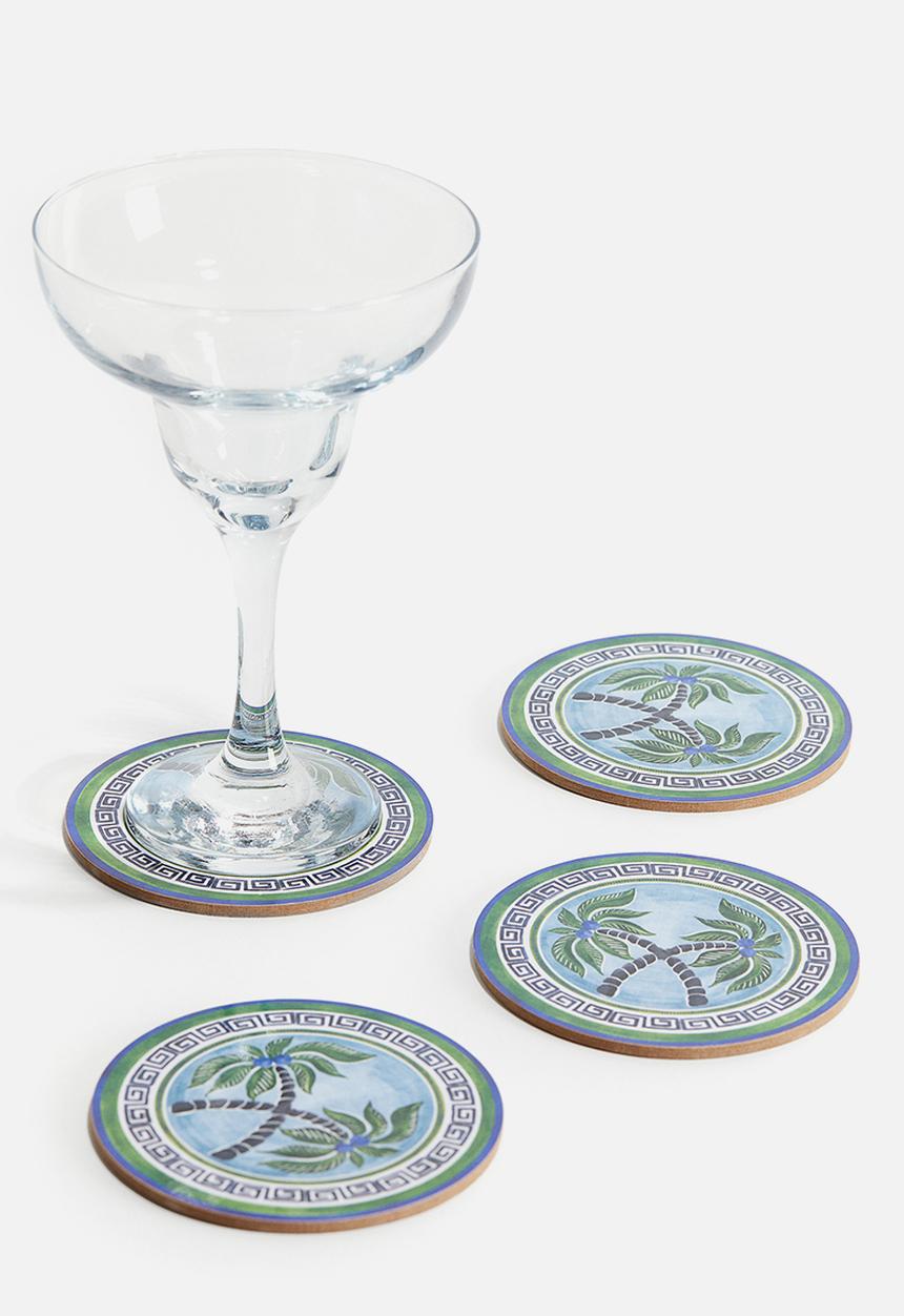 H&M - 4 pack graphic-print coasters - bright blue palm trees