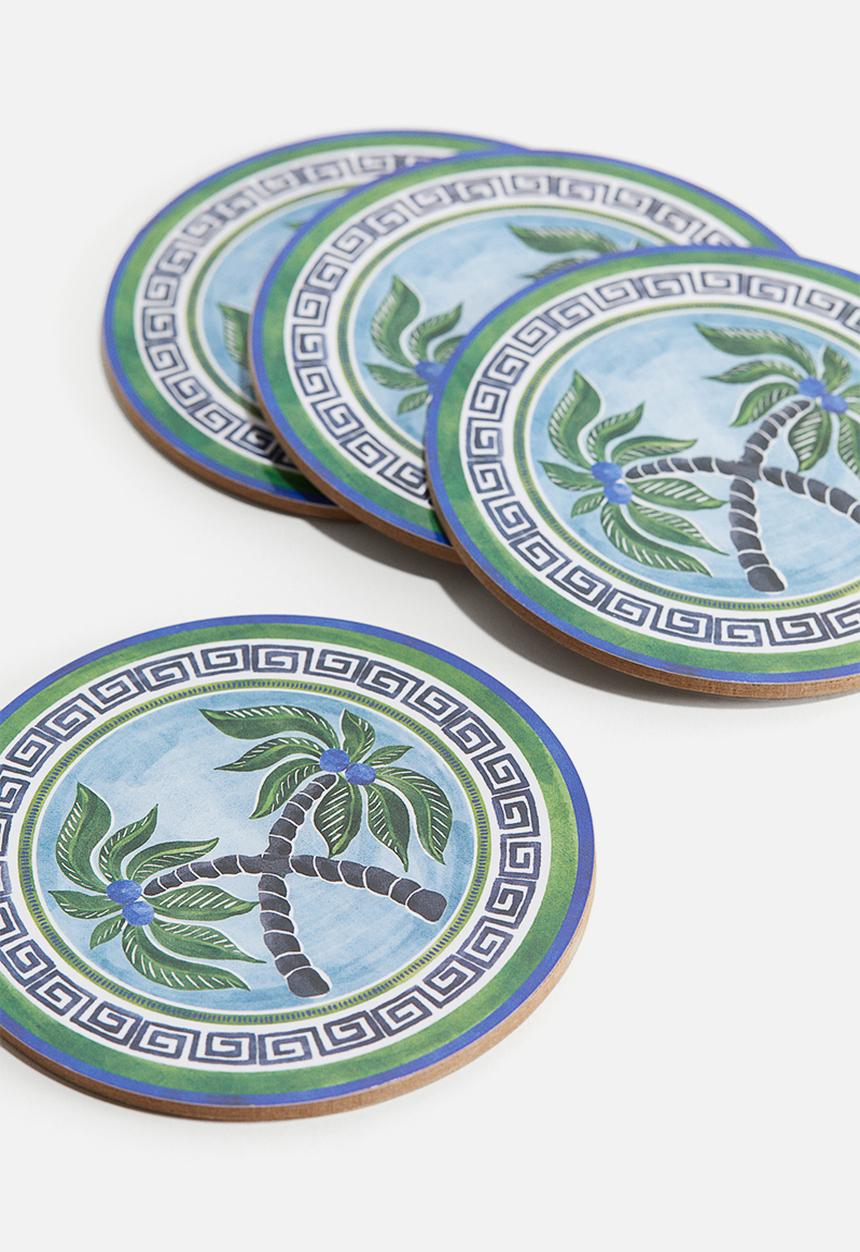 H&M - 4 pack graphic-print coasters - bright blue palm trees