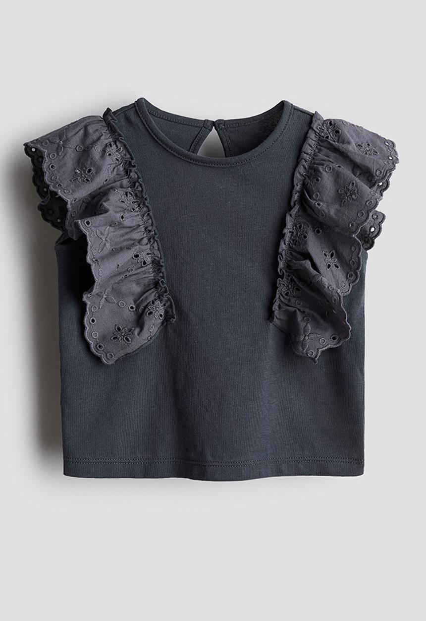 H&M - Frill-trimmed cotton top - dark grey