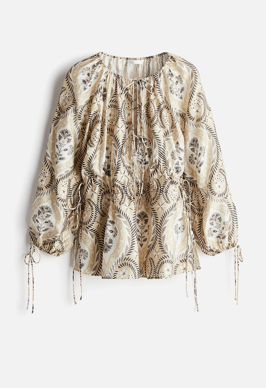 H&M - Drawstring-detail blouse - beige & patterned