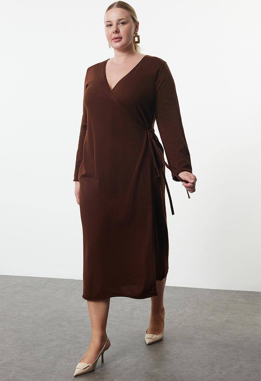 Trendyol - Double Breasted Tie Detailed Midi Knitwear Dress - Brown 