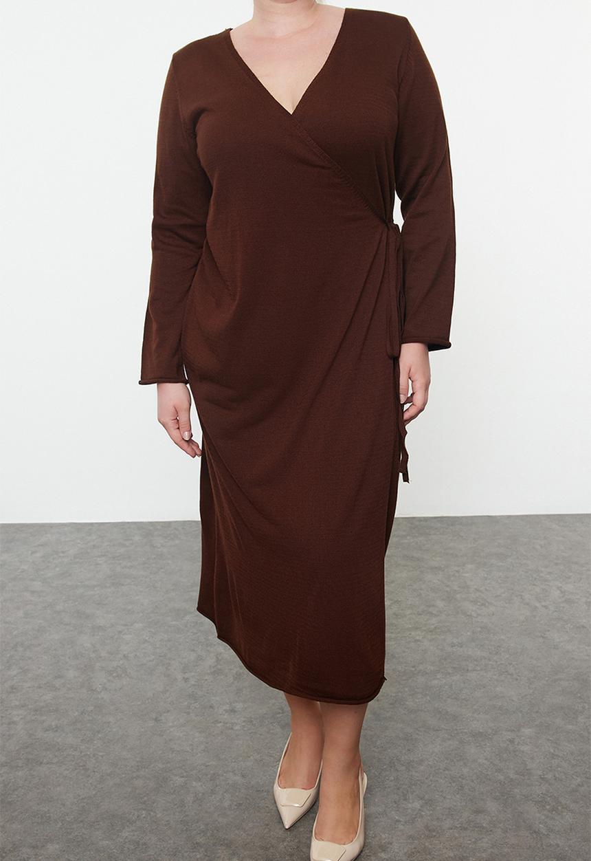 Trendyol - Double Breasted Tie Detailed Midi Knitwear Dress - Brown 