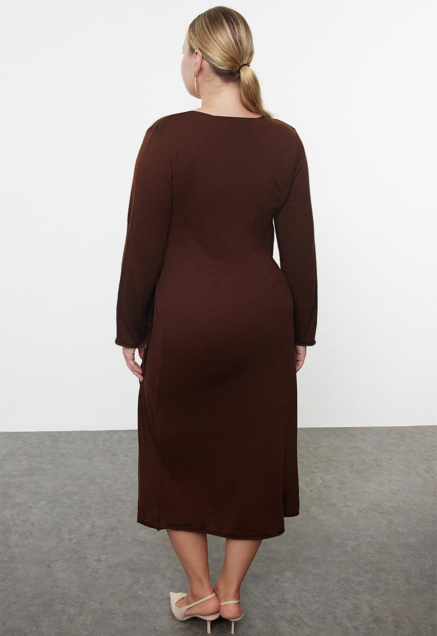 Trendyol - Double Breasted Tie Detailed Midi Knitwear Dress - Brown 