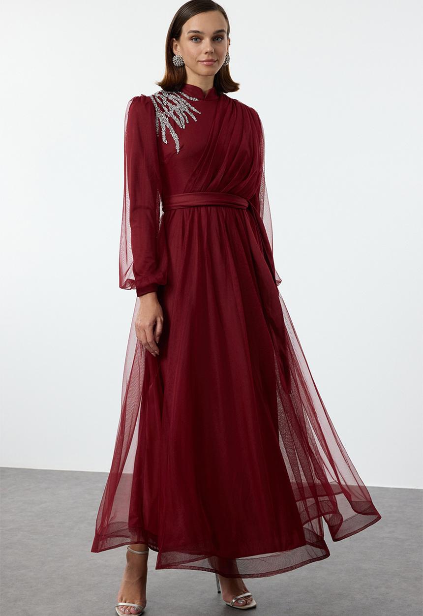 Trendyol - Stone Accessory Tulle Evening Dress - Burgundy