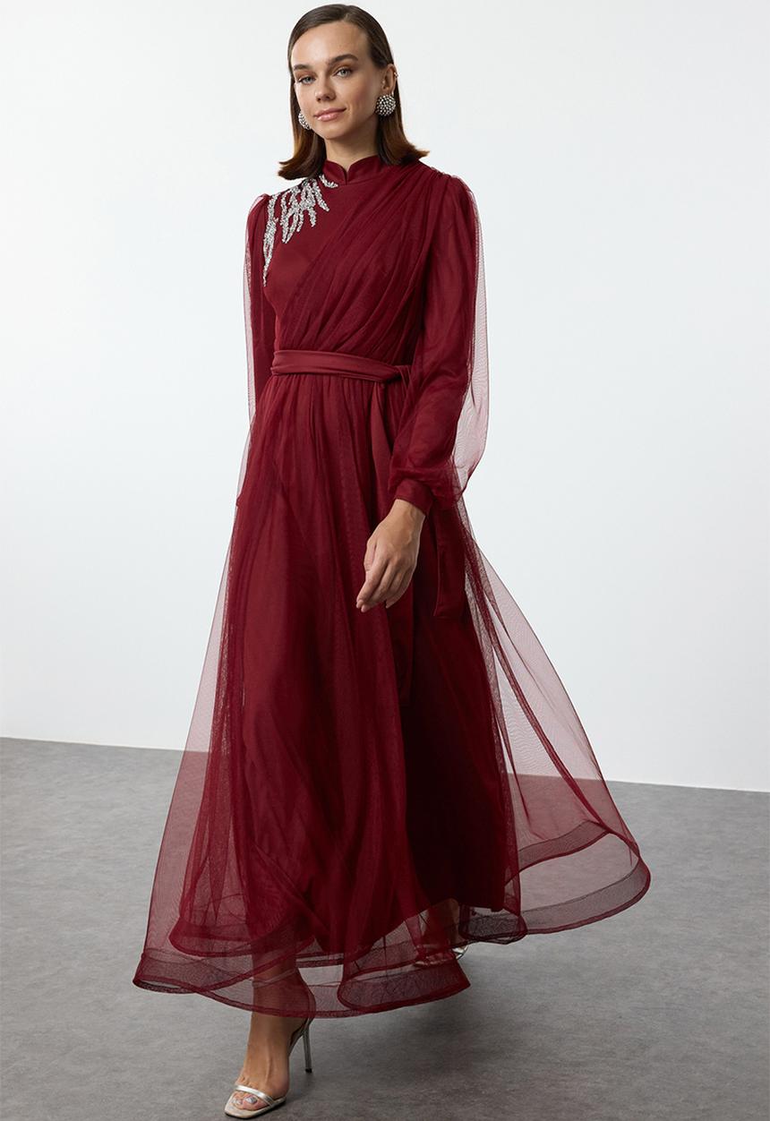 Trendyol - Stone Accessory Tulle Evening Dress - Burgundy