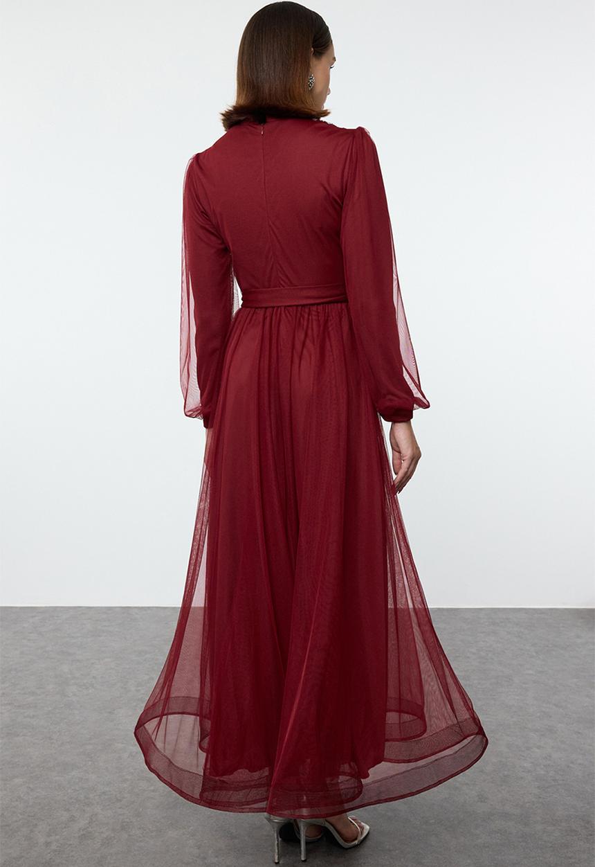 Trendyol - Stone Accessory Tulle Evening Dress - Burgundy